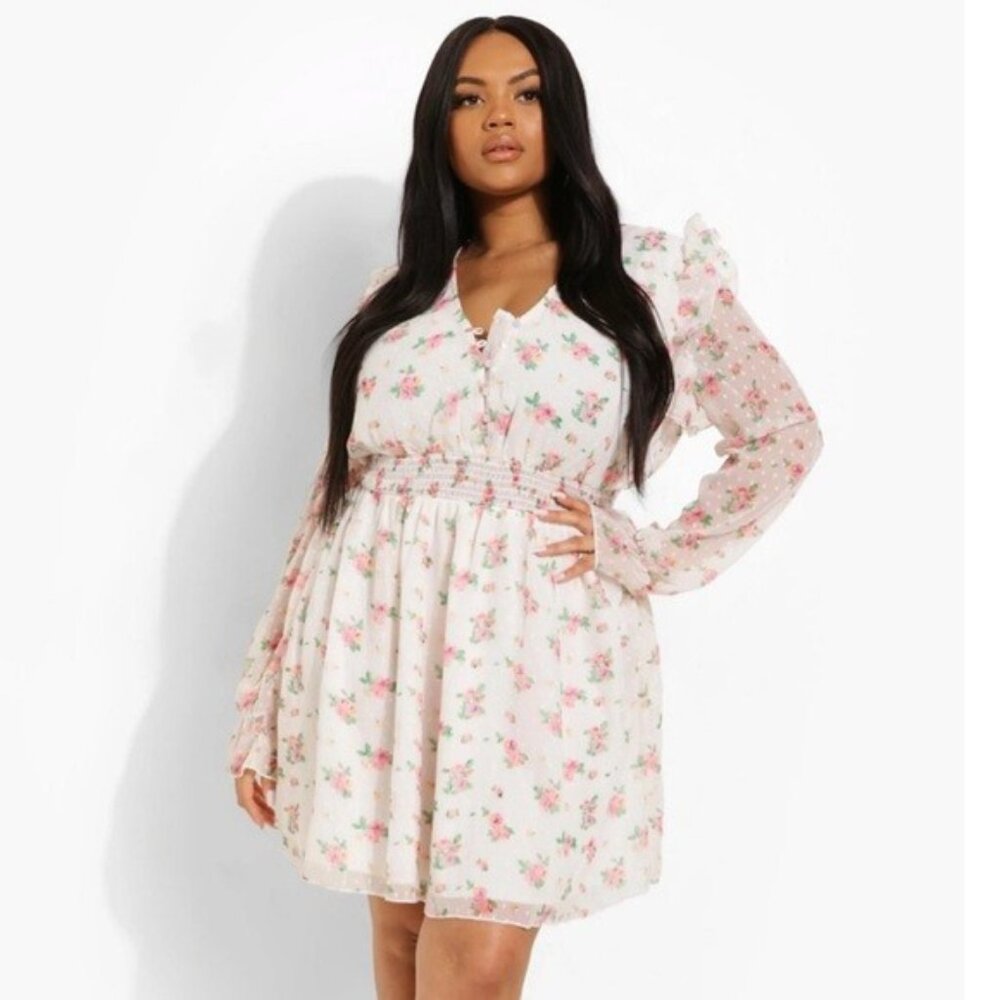 BOOHOO SZ 12 PINK ROSE PRINT GATHERED‎ STRETCH WAIST BUTTON BODICE RUFFLED DRESS